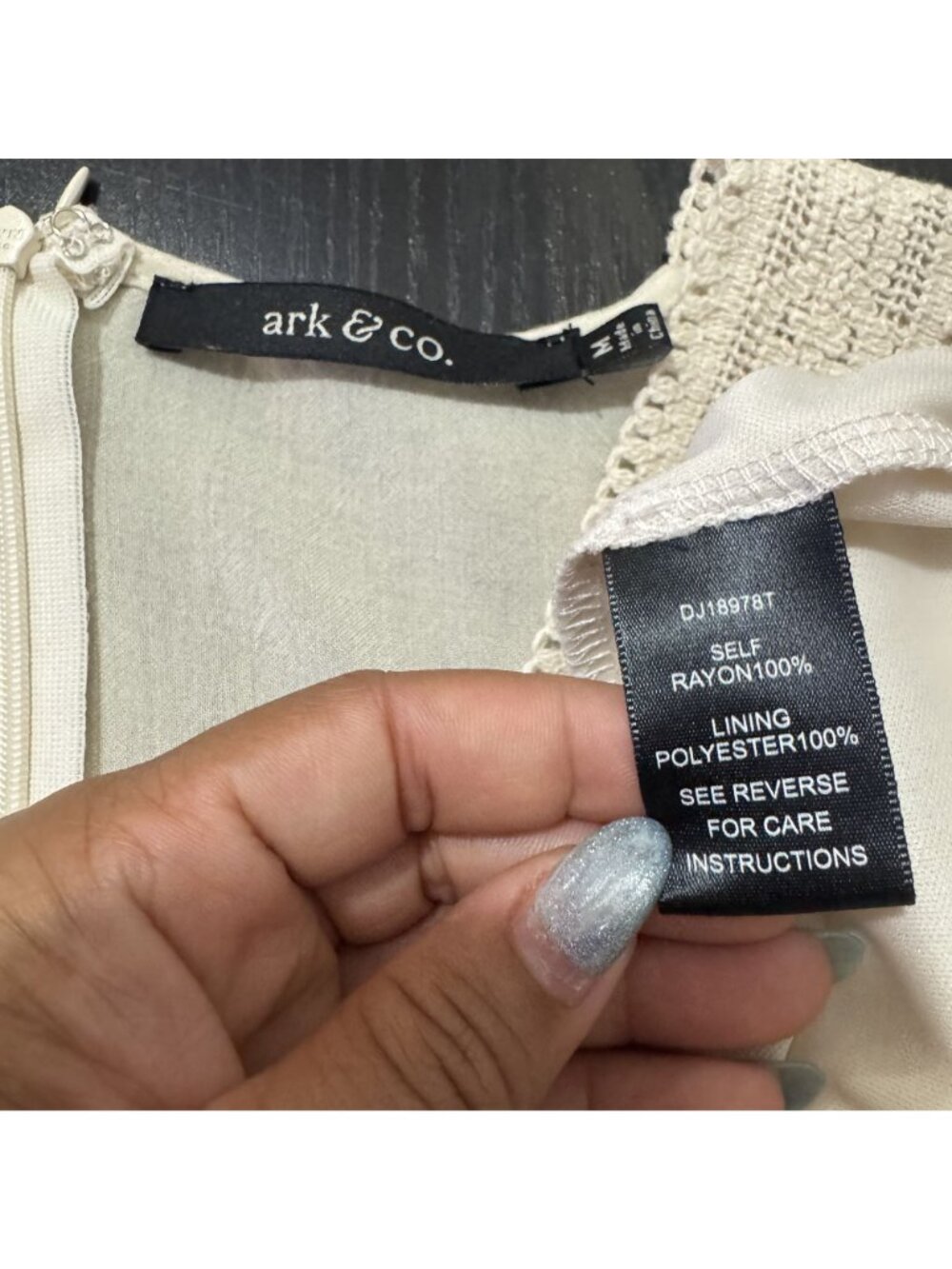 Ark & Co Embroidered Boho Mini Dress Cream Black Bell Sleeve Crochet Trim M - Picture 8 of 9